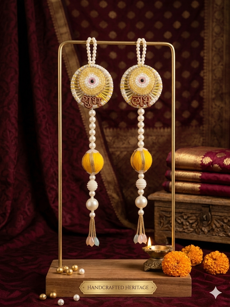 Shubh Shringar Creations Shubh Laabh Beaded Door Hanging, Yellow, Handcrafted, 25x5 cm,1 Pair(Small Size)