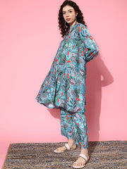 Kalini Women Sea Green Abstract Printed Mandarin Collar, Bishop Sleeves Aline Kurta Paired With Tonal Printed Bottom