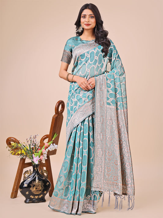 Elegant Sea Green Linen Cotton Saree with Silver Zari Border & Geometric Weave – Daily, Office & Festive Wear