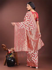 Elegant Pink & Cream Linen Saree with Geometric Design and Zari Border – Festive & Party Wear