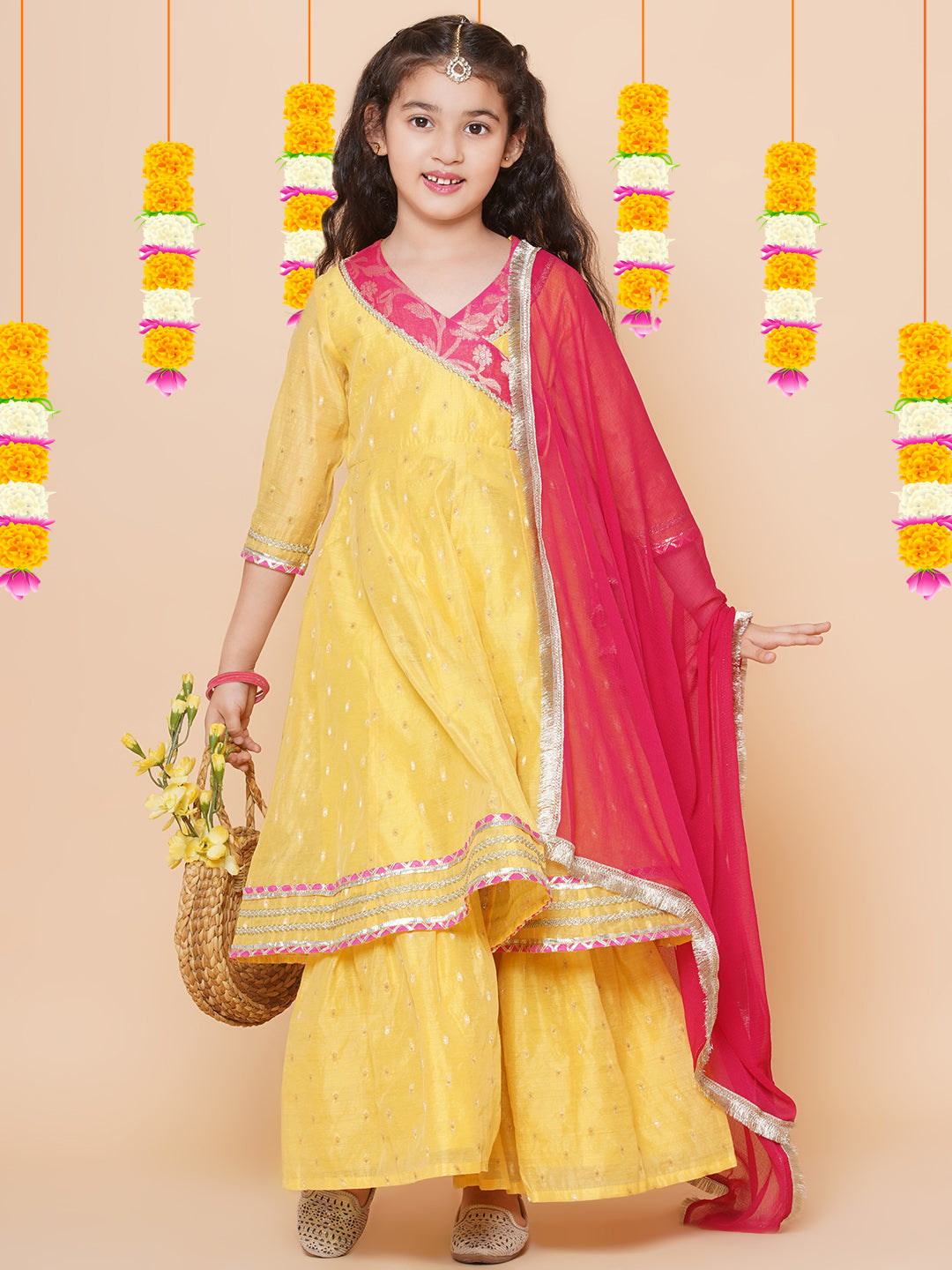 Silk blend Woven Three-Quarter Sleeves Woven Design Flared Kurta And Sharara With Dupatta Set - Yellow