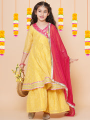 Silk blend Woven Three-Quarter Sleeves Woven Design Flared Kurta And Sharara With Dupatta Set - Yellow