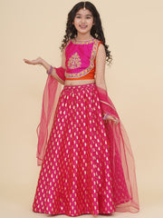 Girls Orange & Pink Embroidered Choli & Ready to Wear Lehenga With Dupatta