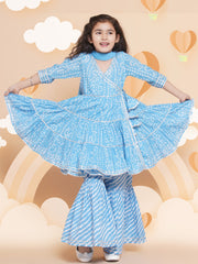 Placement Print Three-Fourth Sleeves Above Knee Length Cotton Kurta & Sharara With Dupatta - Blue