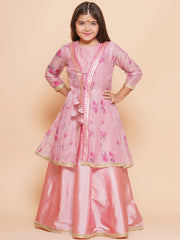 Girls Pink Floral Printed Shrug & Ready to Wear Lehenga With Blouse.