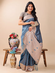 Graceful Blue & Beige Lichi Silk Saree with Elegant Woven Pallu – Timeless Beauty for Every Occasion