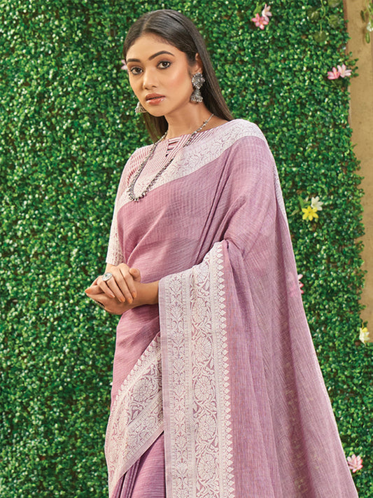 Lavender Linen Cotton Saree with Intricate Woven Border & Contrast Pallu | Soft Lightweight Traditional Drape | Tassel Edge | Unstitched Blouse Piece