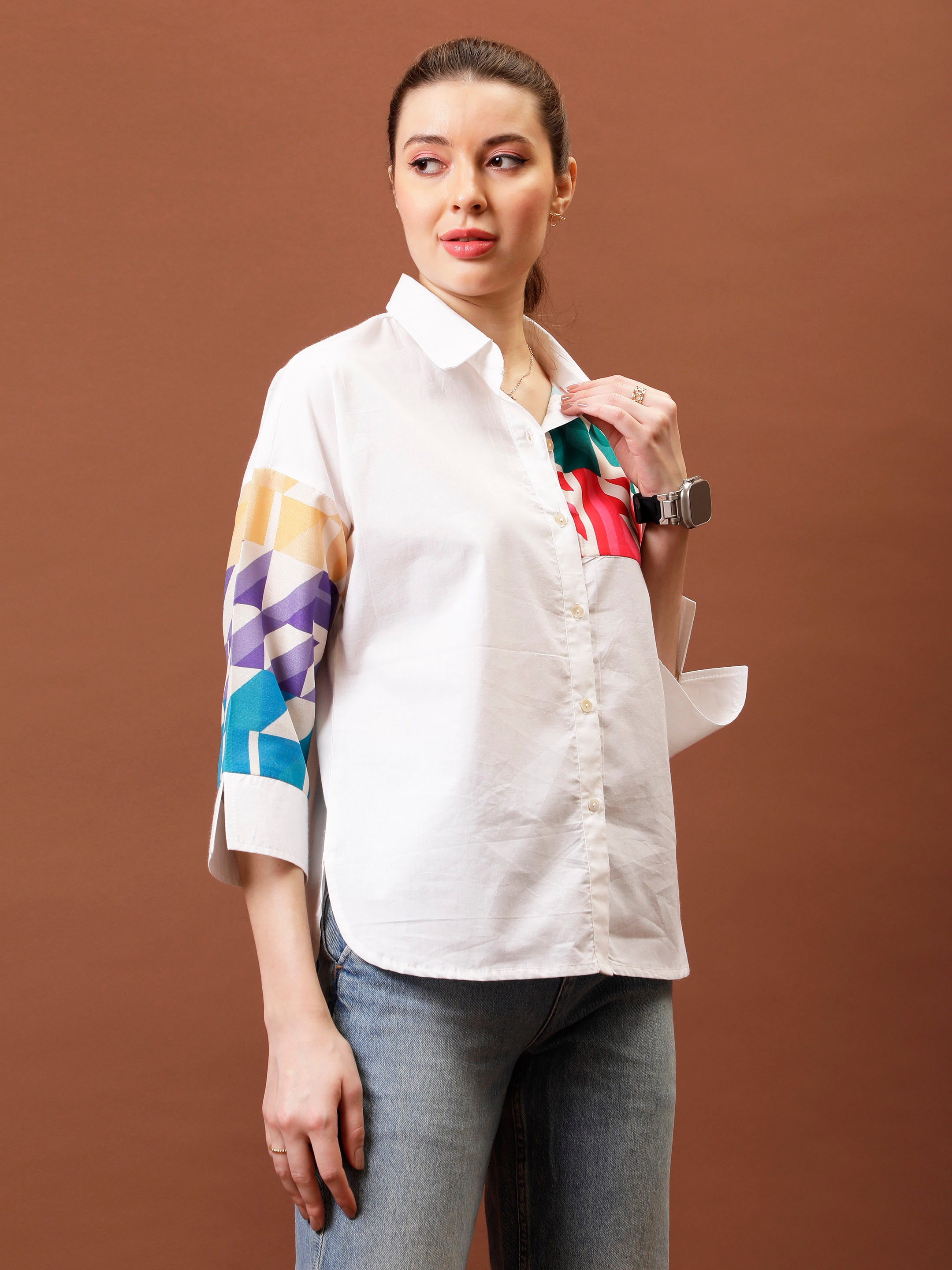Print Applique Cotton Shirt Style Top