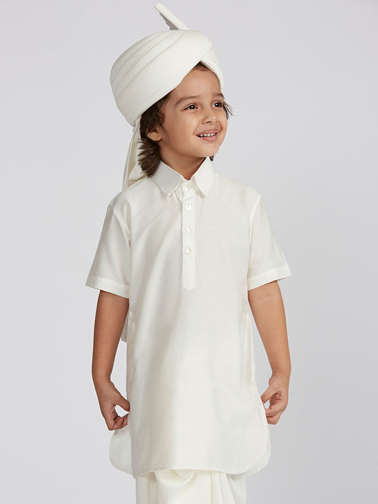 Boys' B White Viscose Kurta Lungi And Safa set