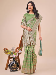 Elegant Sea Green Linen Cotton Saree with Silver Zari Border & Geometric Weave – Daily, Office & Festive Wear