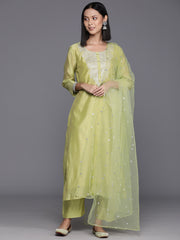 Women Green Floral Embroidered Regular Chanderi Silk Kurta with Trousers & With Dupatta