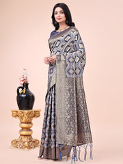 Graceful Pink Lichi Silk Saree with Contrast Blue Woven Border & Floral Zari Design – Wedding & Festive Wear