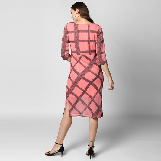 Women's Pink Check Waist Tie Up Polyester Dress with Lining