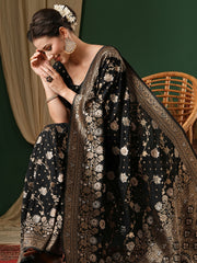 Women's Georgette Black Woven Design Designer Saree With Blouse Piece
