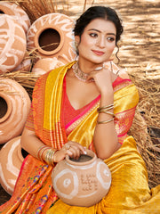 Kanjivaram Silk Saree for Women Yellow Wedding Wear with Red Blouse Rich Zari Woven Design Saree