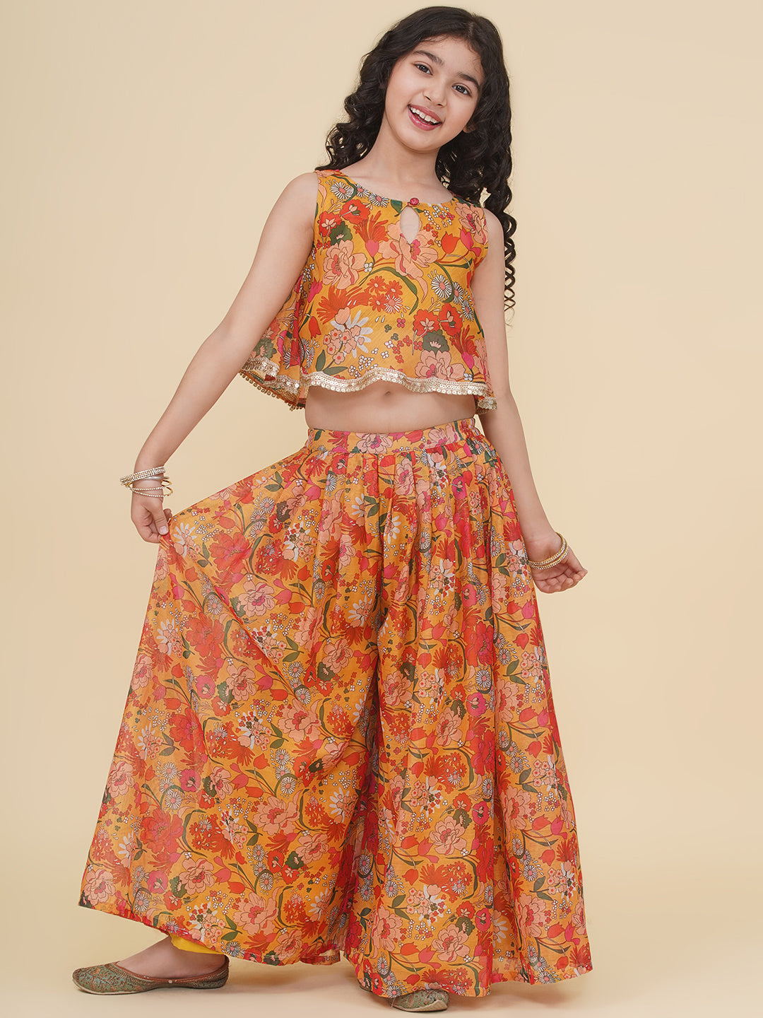Placement Print Sleeveless Above Knee Length Silk Top With Palazzo - Yellow