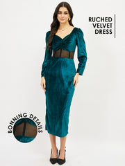 Puff Sleeve Velvet Sheath Midi Dress