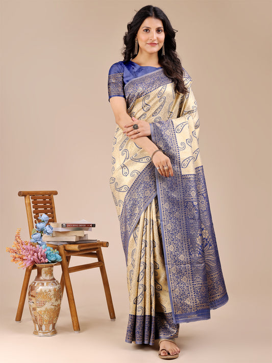 Graceful Cream and Navy Blue Silk Saree – Traditional Elegance with Royal Charm