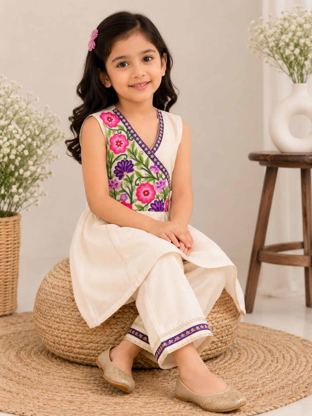 Girls Off White Embroidered Kurta With Farsi Salwar