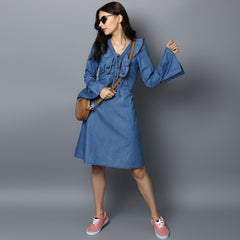 Women's Denim Draw String and Bell Sleeve Dress