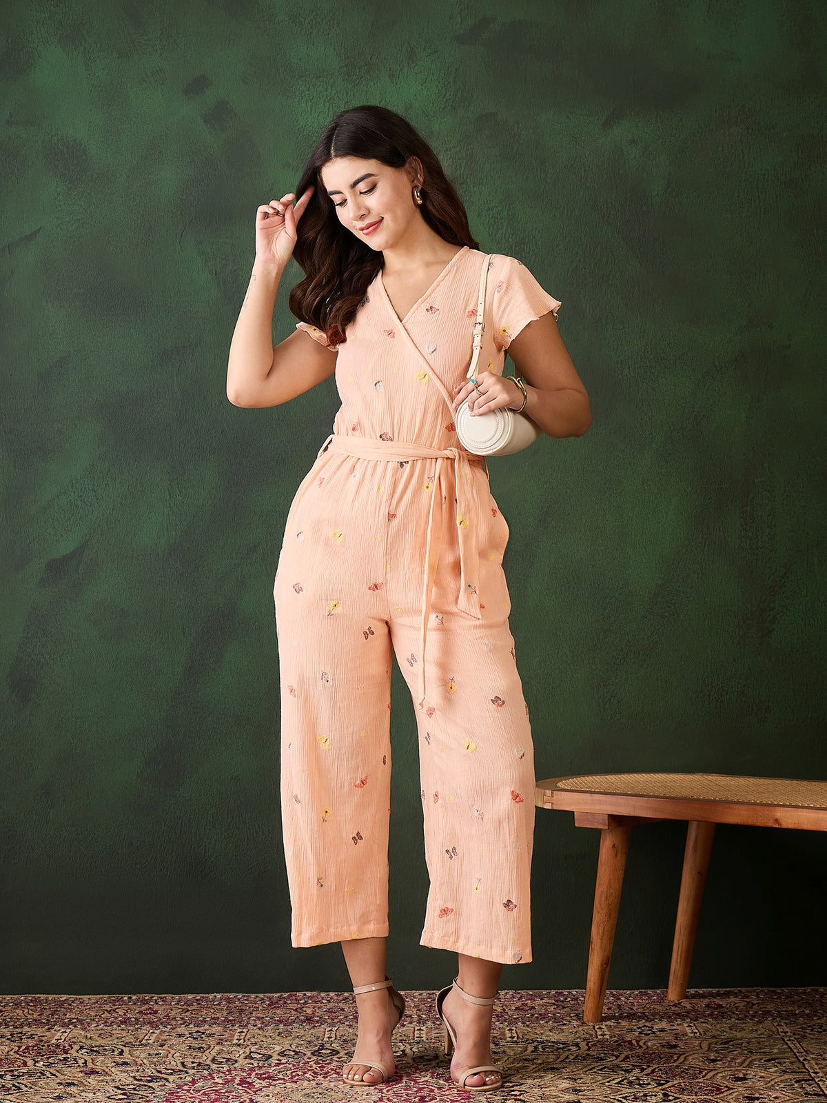 Women's Butterfly embroidered Peach Rayon Crepe Jumpsuit