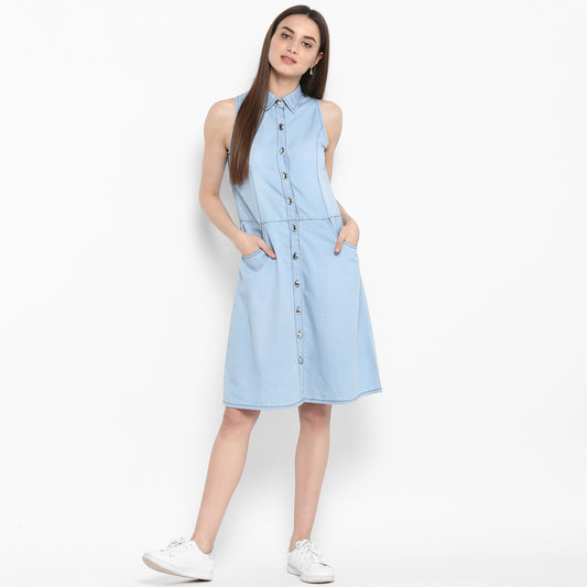 Women's Denim Sleeveless Dress with Silver Buttons