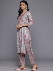 Women Grey Round Neck Thread Embroidered Yoke Printed Kurta Paired With Printed Bottom & Tie-Dye Dupatta