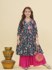 Girls Blue Pink Floral Printed Angrakha Kurta with Sharara