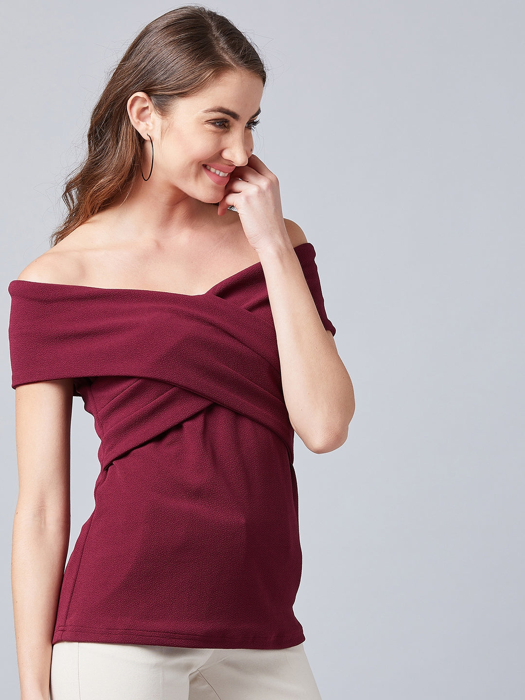 Burgundy Pleated Bardot Top