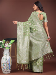 Elegant Sea Green Linen Cotton Saree with Silver Zari – Perfect Blend of Comfort & Charm