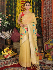 Cream Linen Cotton Saree with Bold Peacock Pallu – Elegant Zari Border Saree for Festive & Party Wear | Lightweight & Soft Fabric