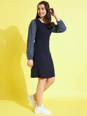 Girls Navy & Blue Balloon Sleeve Dresss