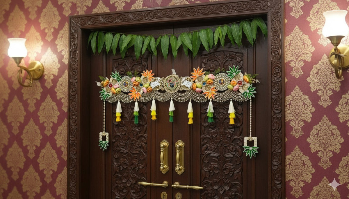 Decorative Handmade Toran Door Valance, Green Orange Floral Design with Kundan, Jarkan & handmade patches Work, Pearl Beading, Tassel Trim, Traditional Indian Style