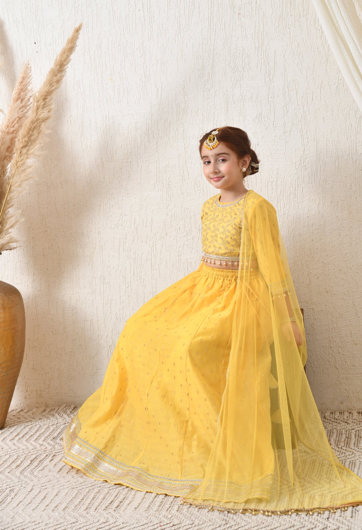 Girls Yellow Embroidered Lehenga Choli Set with Net Dupatta