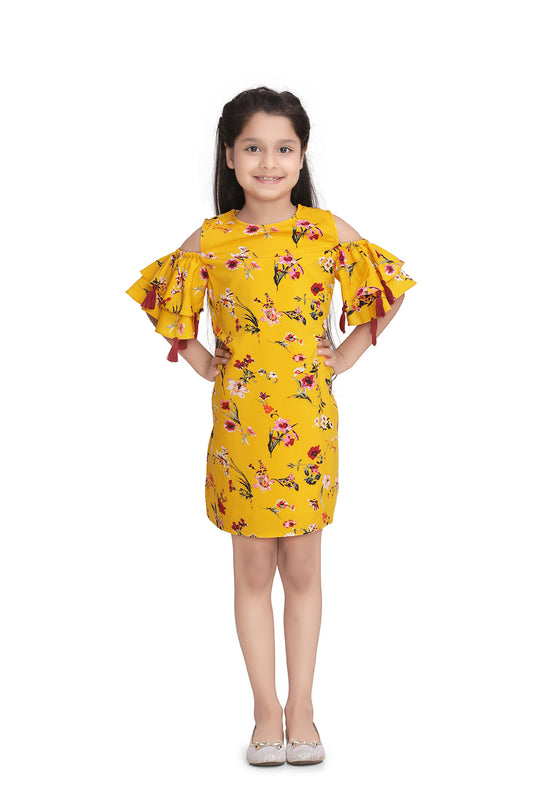 Girls Yellow Polyester Crepe Floral Dress with tassels