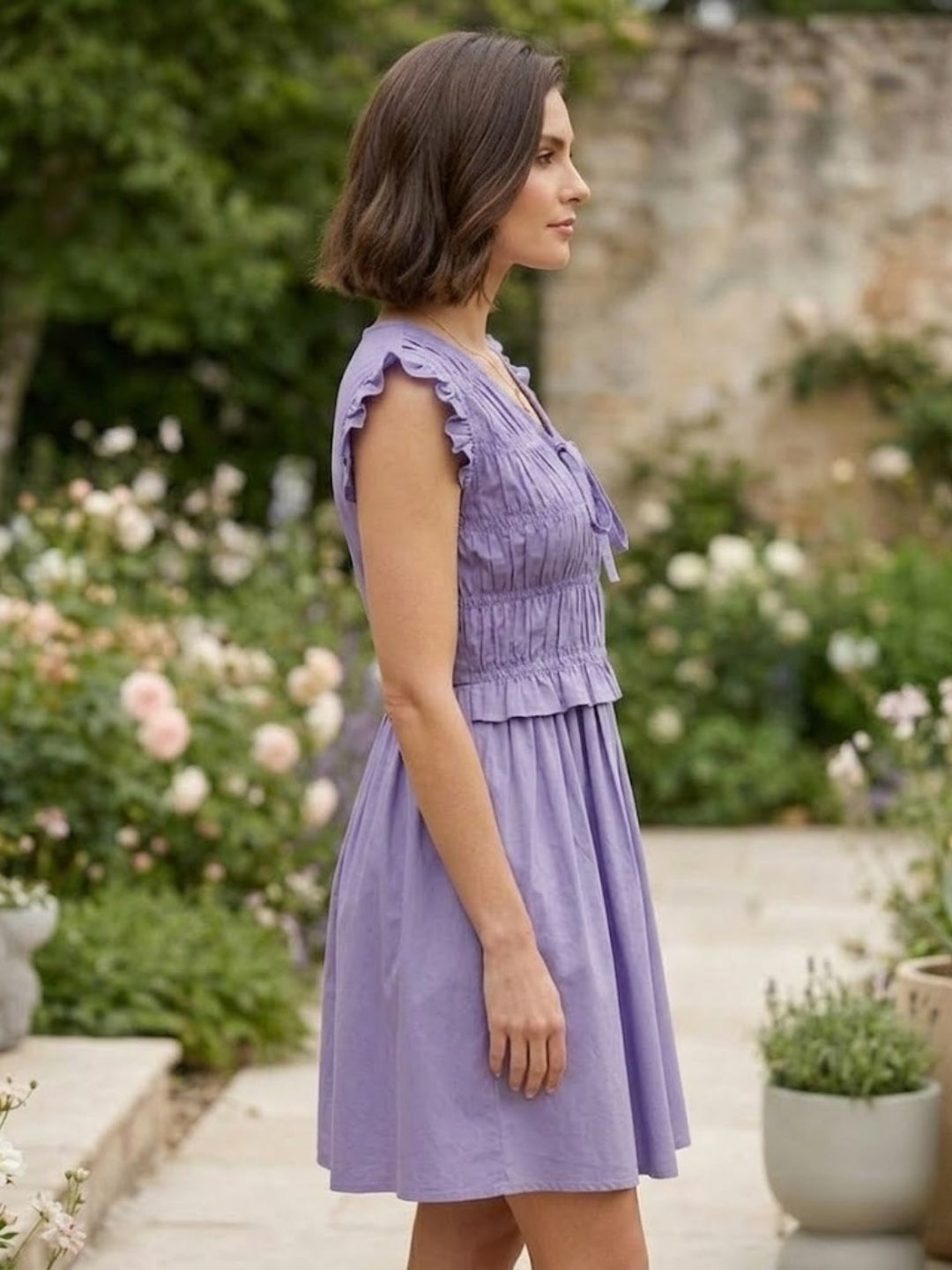 Lavender V Neck Cotton Smocked Dress-ADR-19898