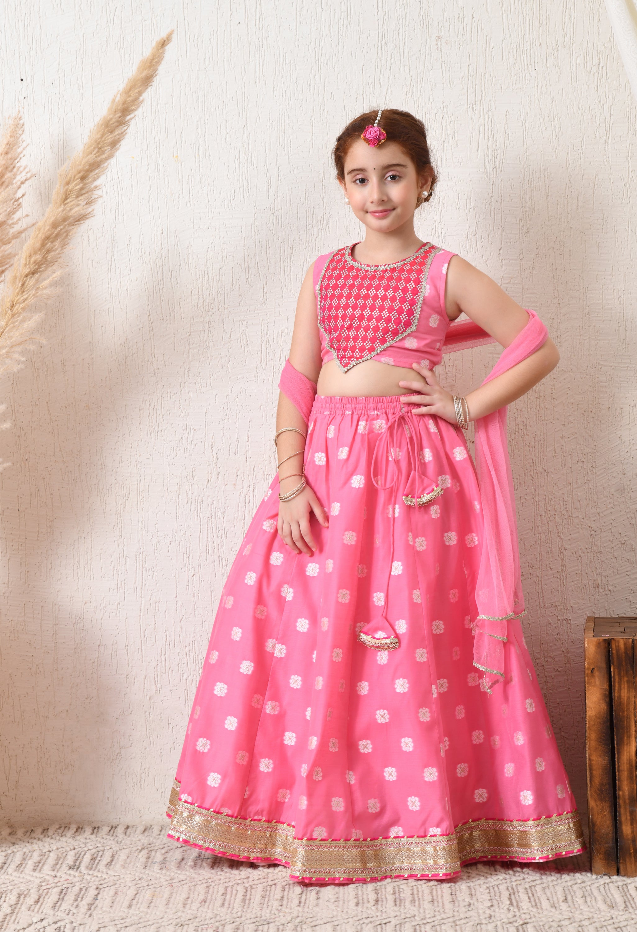 Girls Pretty Pink Embroidered Lehenga Choli Set with Net Dupatta