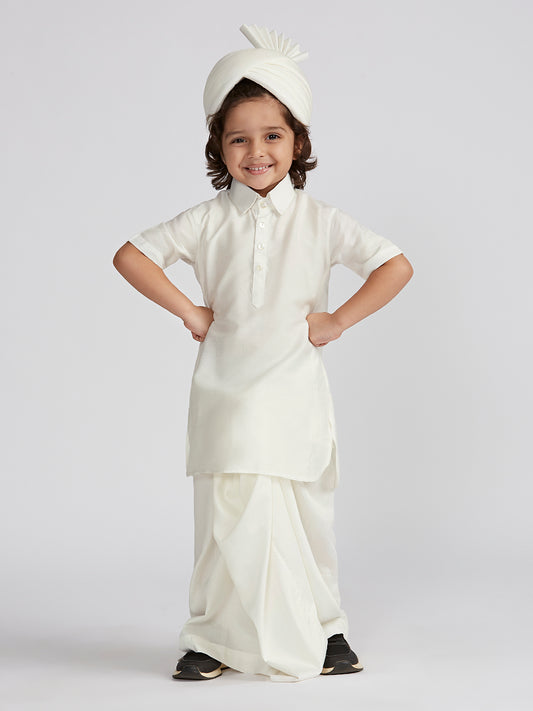 Boys' B White Viscose Kurta Lungi And Safa set