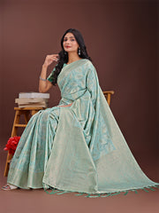 Peach Pink Linen Cotton Saree with Golden Zari Leaf Design & Elegant Pallu – Festive | Office | Daily Wear
