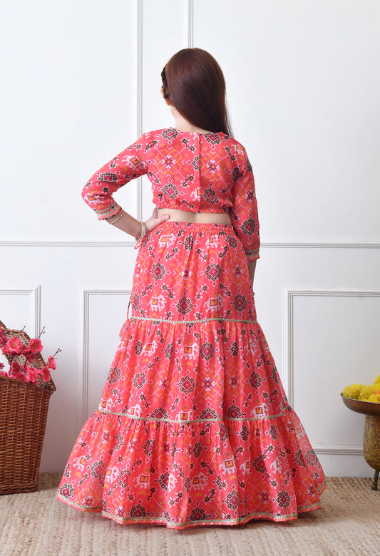 Girls Peach Printed Lehenga Choli Set with Embroidered Yoke and Dupatta