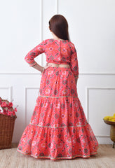Girls Peach Printed Lehenga Choli Set with Embroidered Yoke and Dupatta