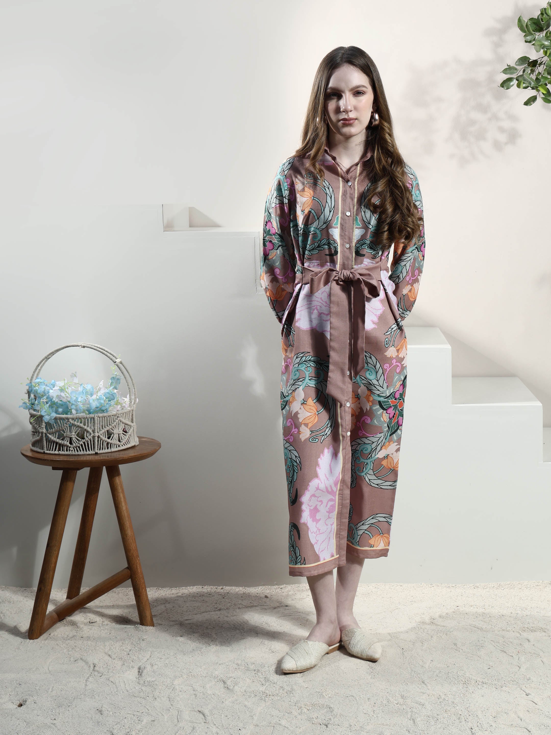 Floral Print Linen Shirt Midi Dress