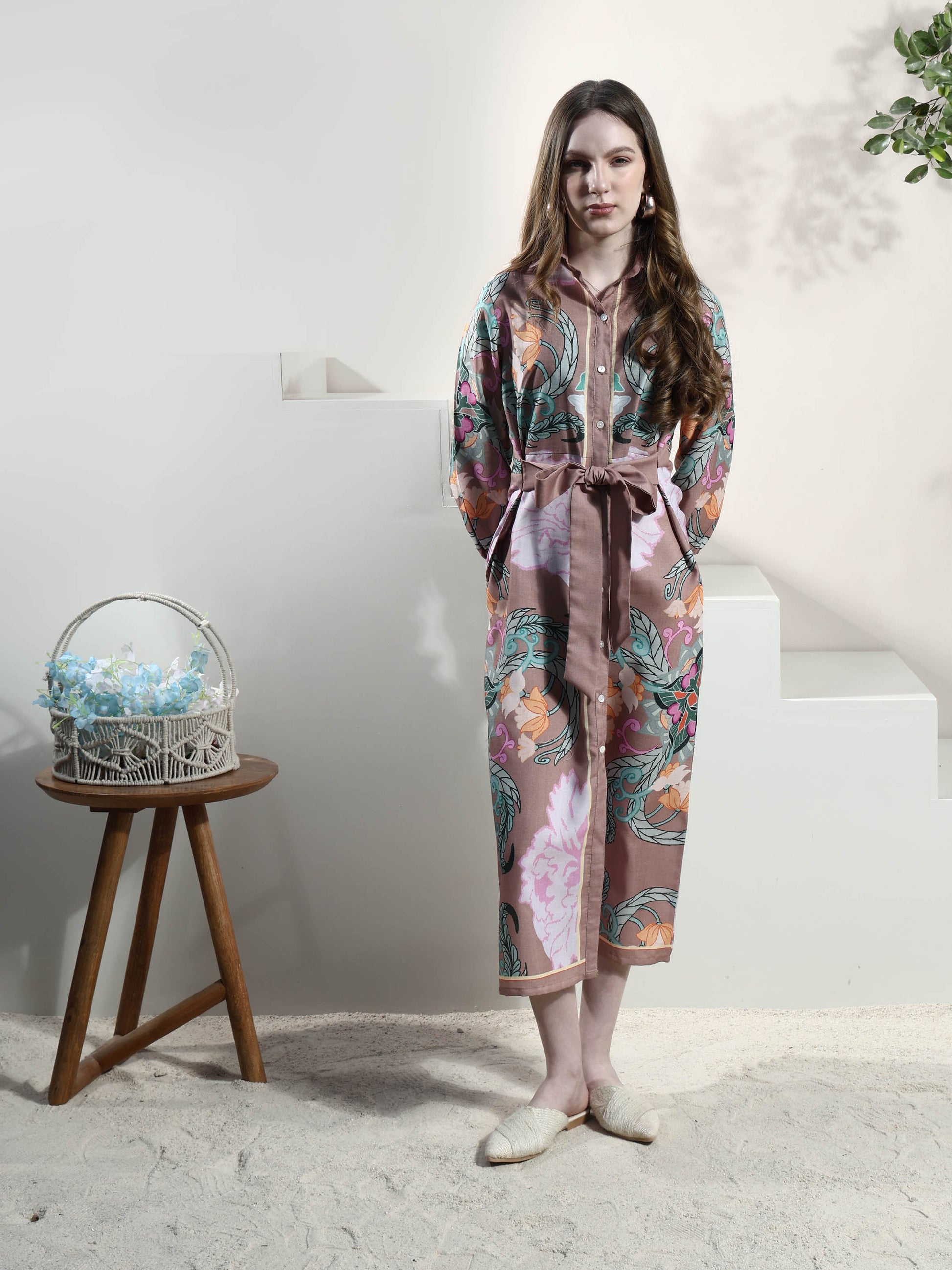Floral Print Linen Shirt Midi Dress
