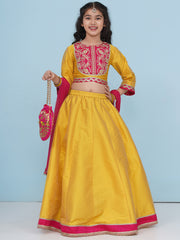 Girls Boho Design Yellow Pink Embroidered Choli & Ready to Wear Lehenga With Dupatta.
