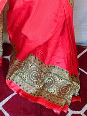 Women's Art Silk Red Printed Ready to Wear With Blouse Piece