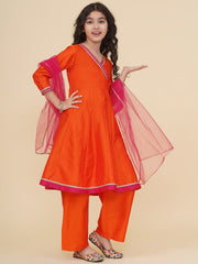 Solid Three-Fourth Sleeves Above Knee Length Silk Kurta & Trousers With Dupatta - Orange