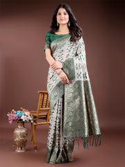 White & Maroon Woven Linen Cotton Saree with Rich Zari Border – Soft Festive Wear Saree for Women