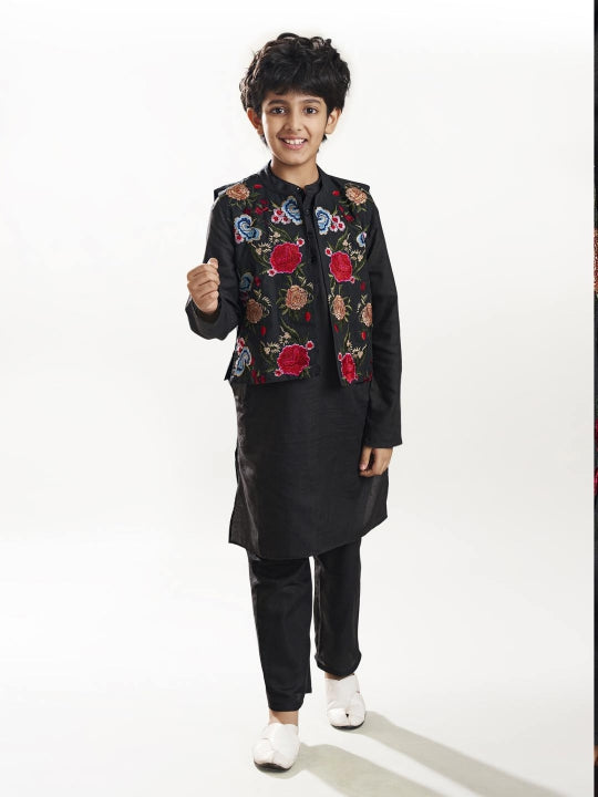 Boys Black kurta matching pajama with a black embroidry jacket