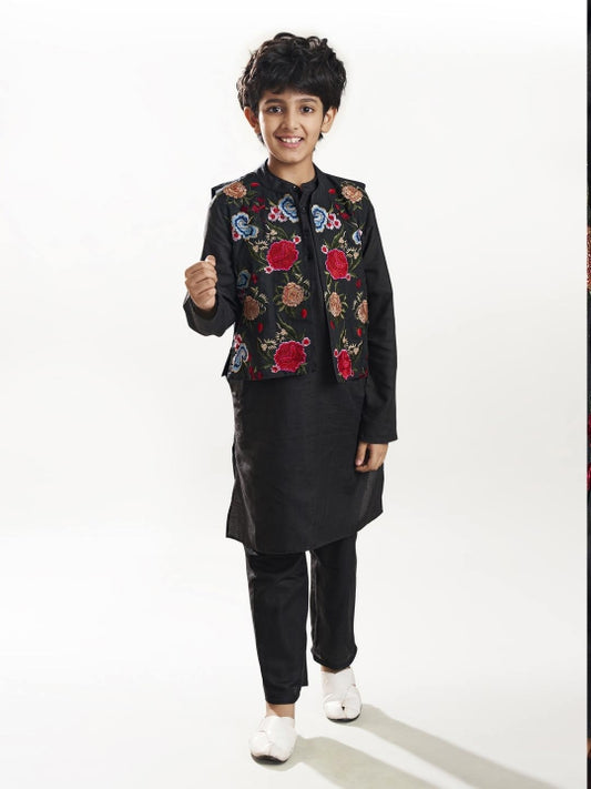 Boys Black kurta matching pajama with a black embroidry jacket