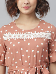 Women's Brown Polka Dress with Lace detail